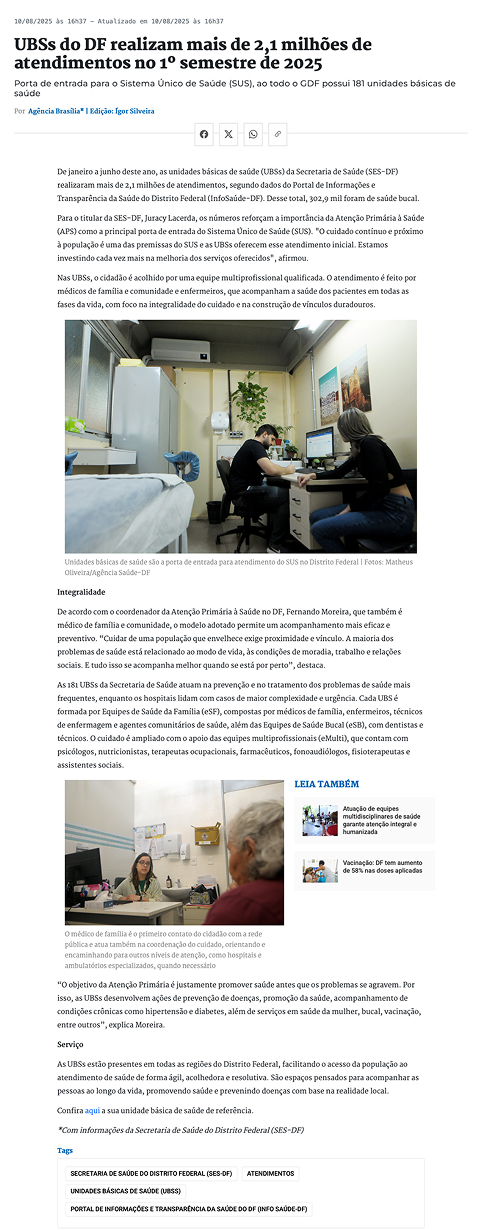 UBSs do DF realizam mais de 2,1 milhões de atendimentos no 1º semestre de 2025